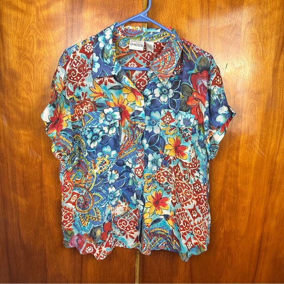 Chico's Colorful Floral Button Down Shirt - Red, Blue, Orange XL - Picture 1 of 7